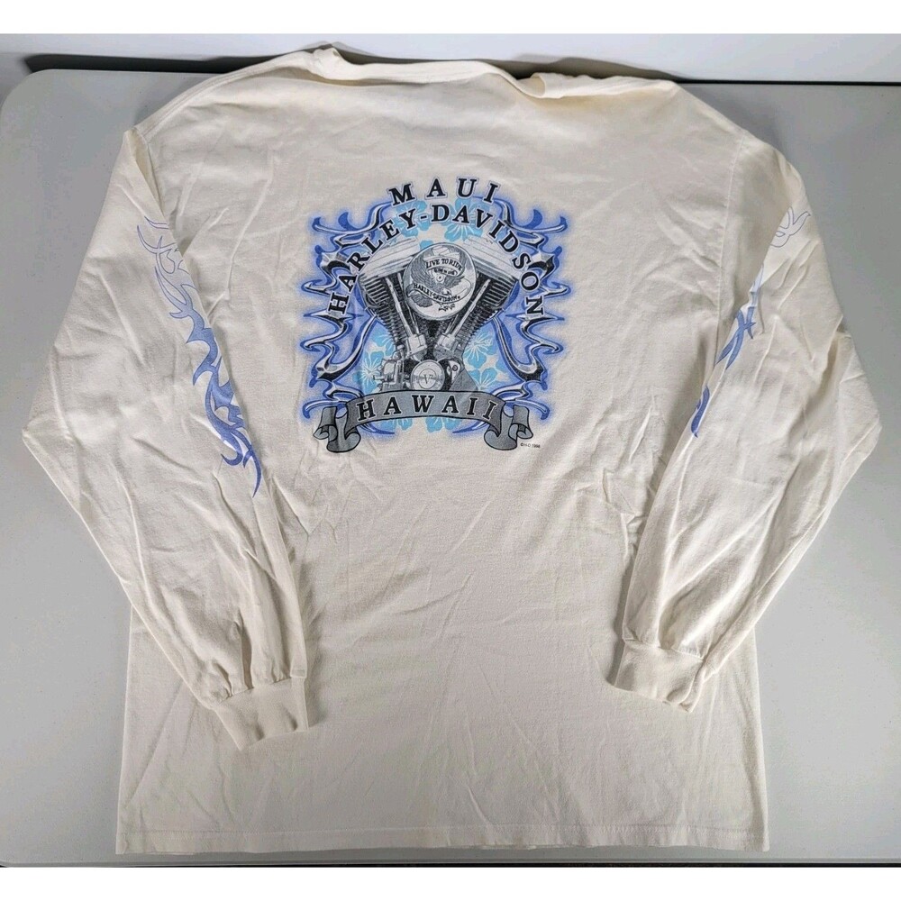 VTG 1998 Harley Davidson Hawaii Long Sleeve Shirt XL Cream Maui V-Twin Engine